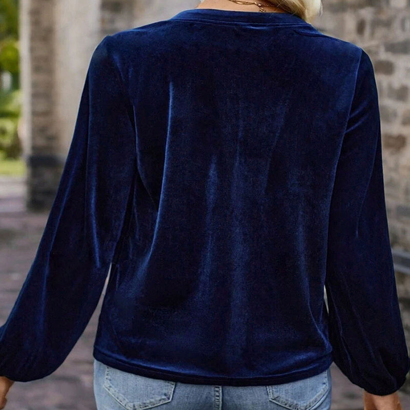 Women's Solid Color V-Neck Button Detail Long Sleeve Pullover