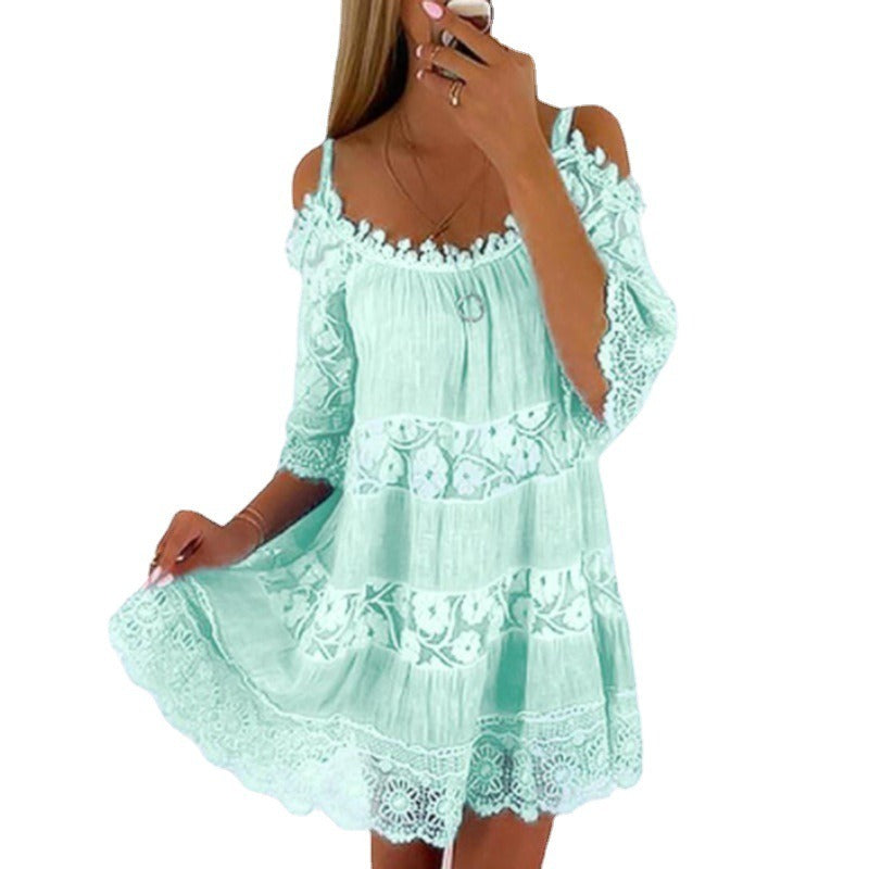 Lace Embrace Summer Sling Dress with delicate lace and flying sleeves in light green, perfect for sunny days or evenings out.