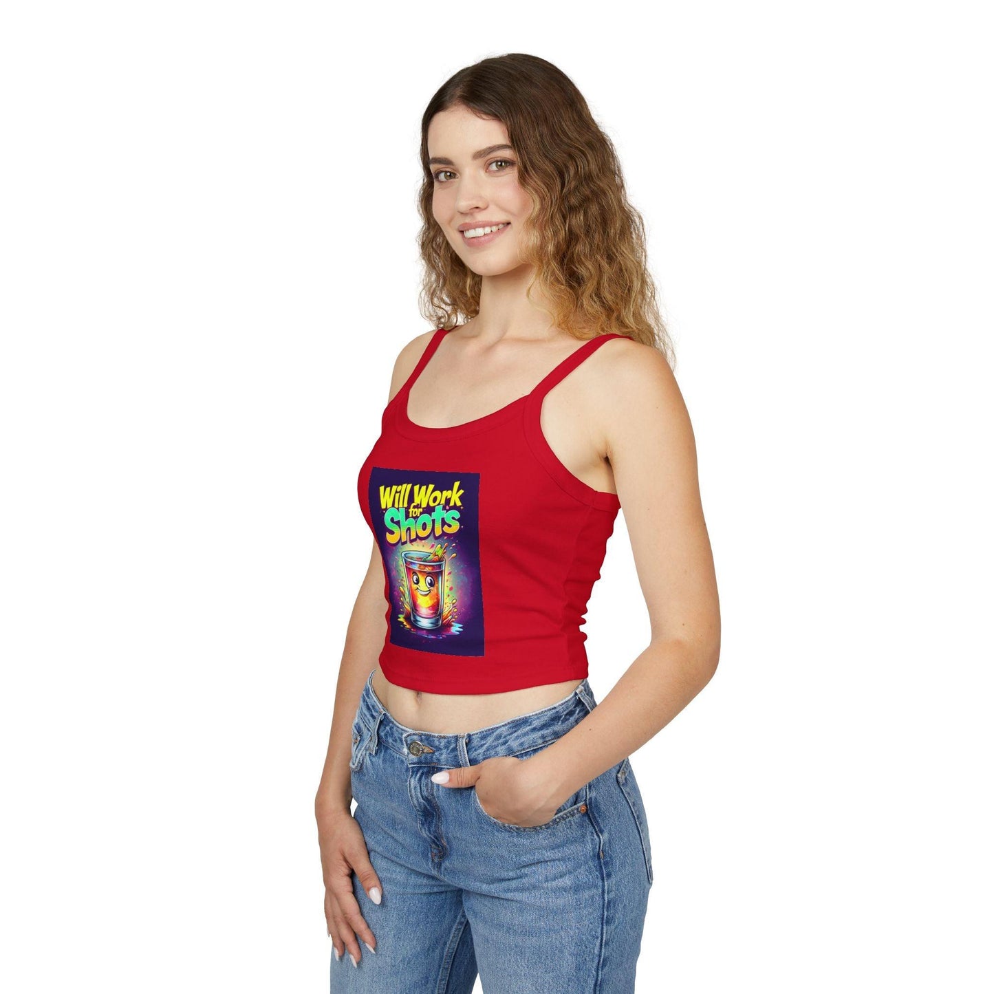 Woman wearing red Will Work for Shots Womens Spaghetti Strap Tank Top, colorful text design, casual style, ideal for bartenders and waitresses