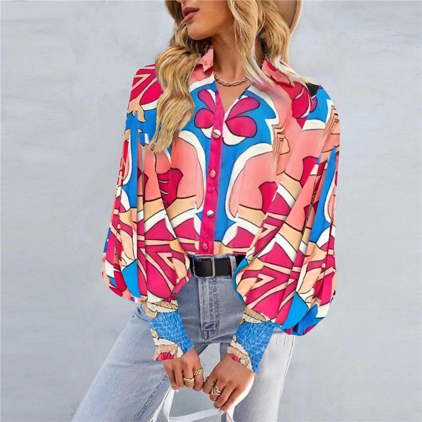 Boho Printed Lantern Sleeve Top – Relaxed Fit Casual Shirt for Country Girls in vibrant abstract print, styled with jeans.