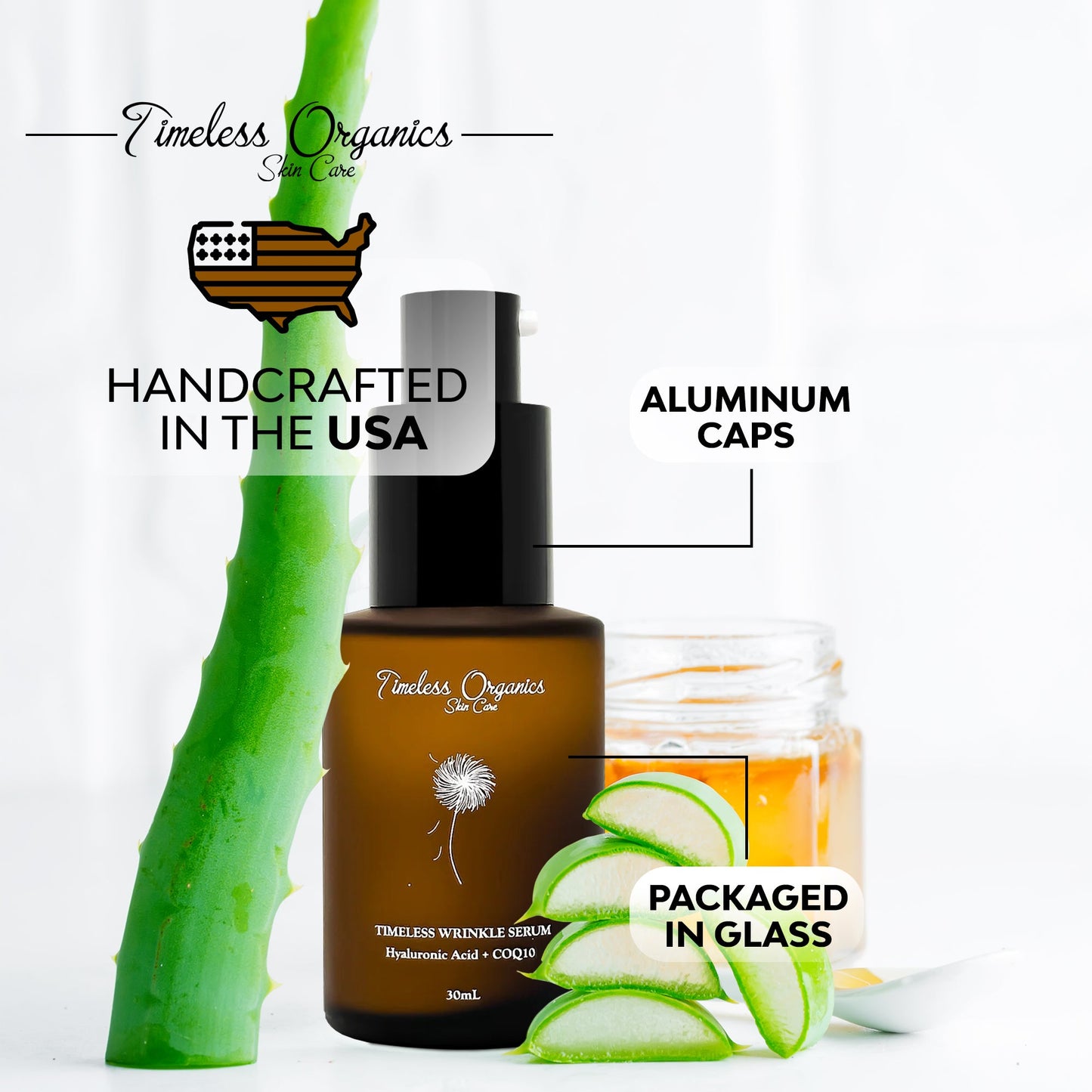 Timeless Wrinkle Serum 30mL with aluminum cap and glass packaging, handcrafted in the USA for smoothing and rejuvenating skin overnight.
