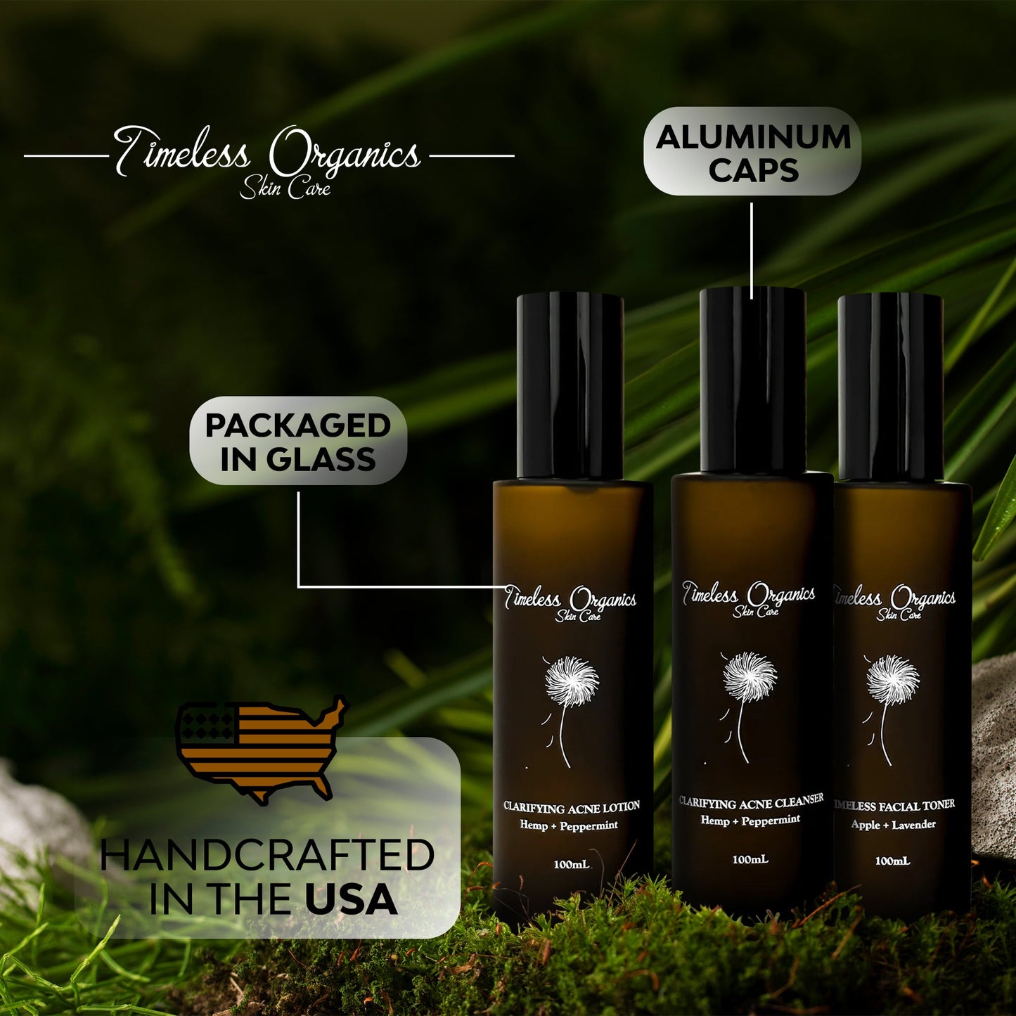 3-Step Acne System - Timeless Organics skincare bottles with aluminum caps, packaged in glass, handcrafted in the USA.