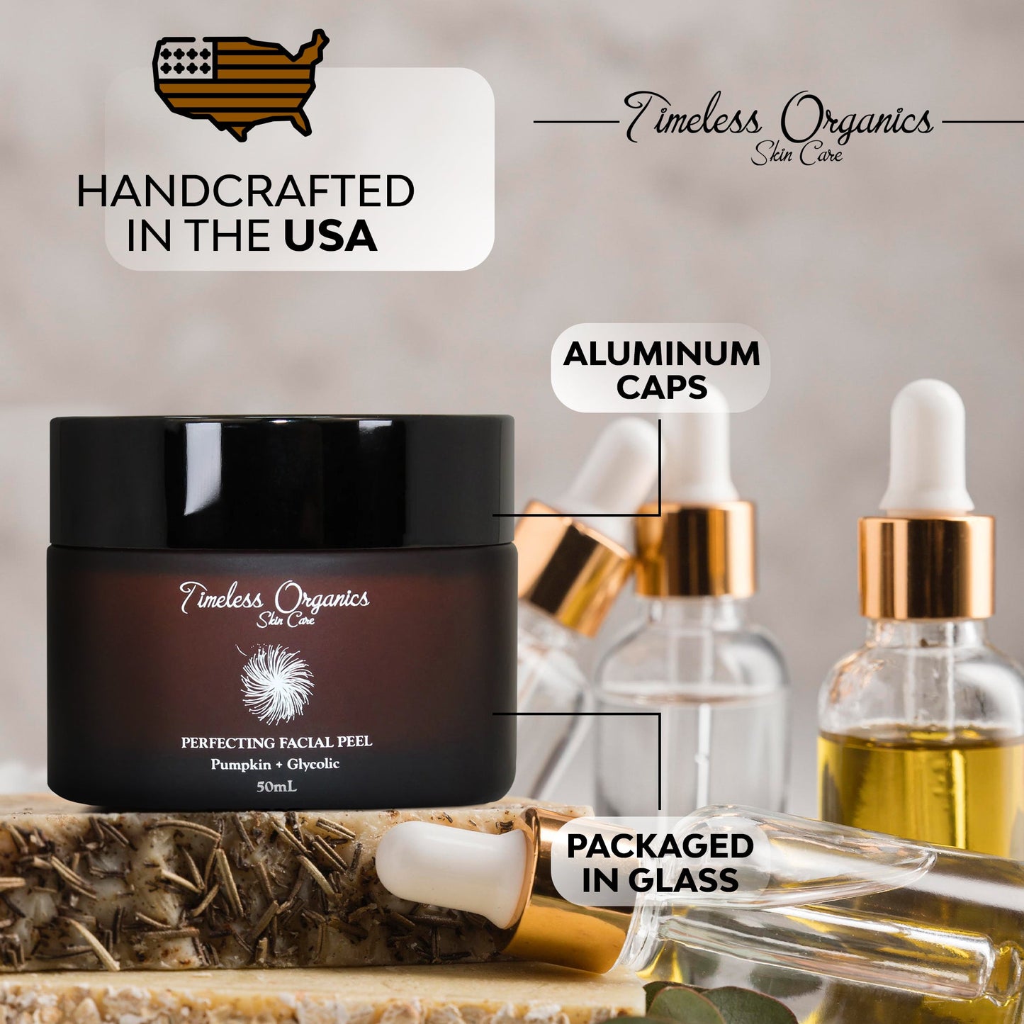 Pumpkin + Glycolic Facial Peel by Timeless Organics with aluminum cap, packaged in glass, natural exfoliating formula, handcrafted USA