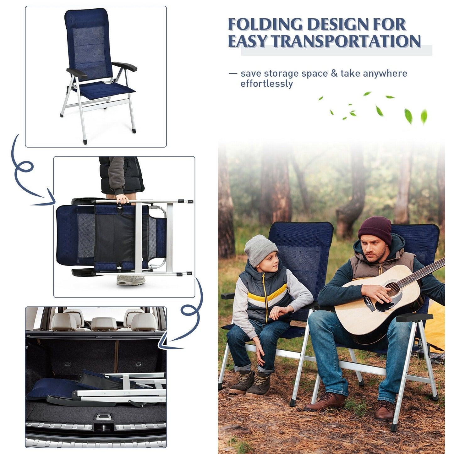 2Pcs Patio Dining Chair with Adjust Portable Headrest-Blue featuring foldable design for easy transport and storage in outdoor setting