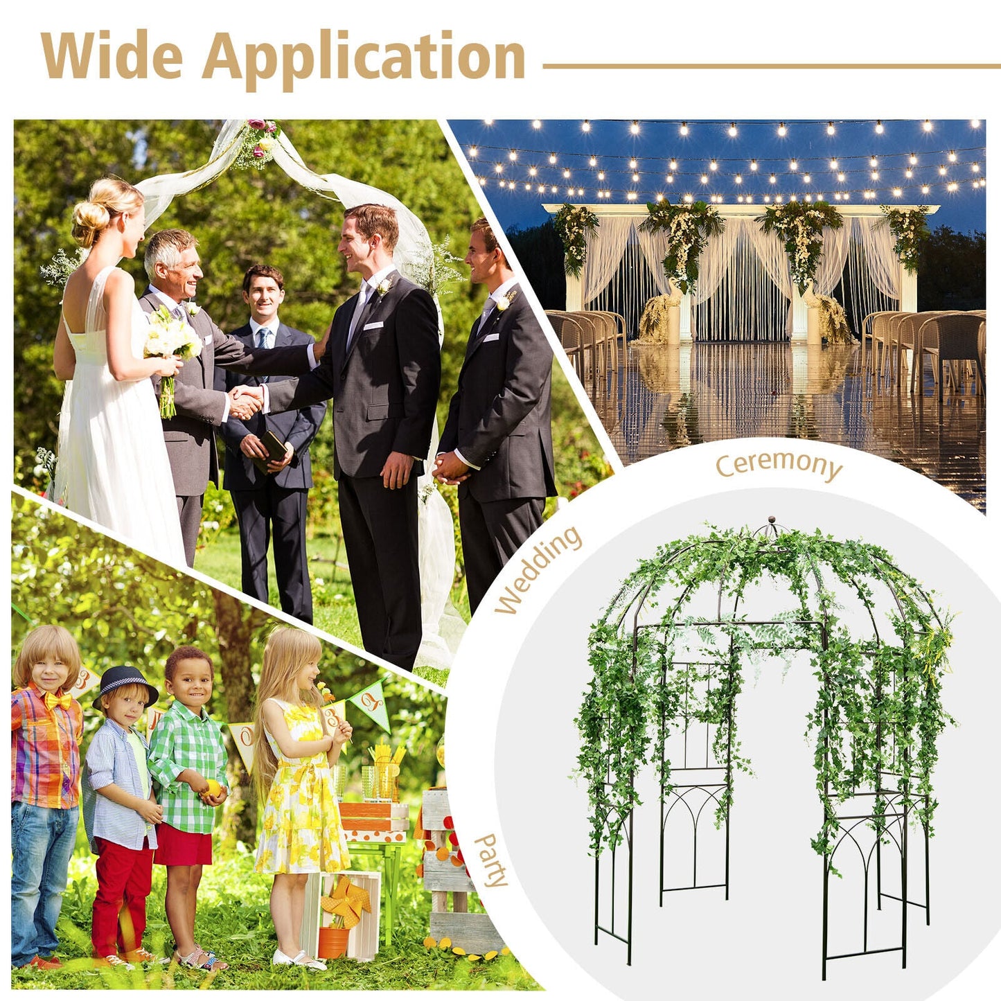 8.4 x 7 Feet Wide Birdcage Shape Garden Arbor ideal for weddings and ceremonies, shows decorated with flowers and lights for outdoor events.