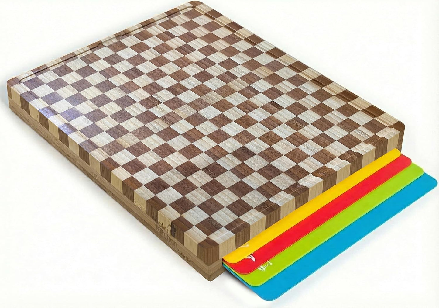 Multicolor Bamboo Cutting Board with Extra Thick Mats by Cooler Kitchen