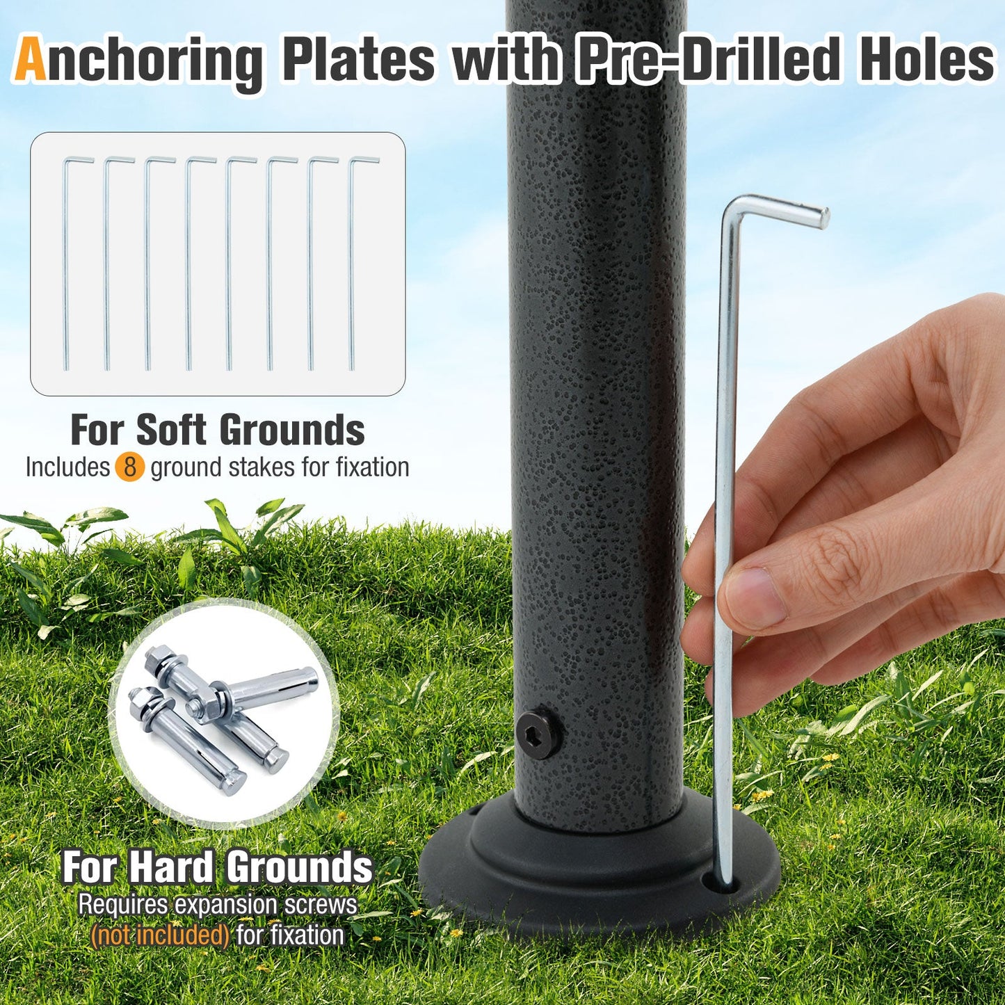 Anchoring plate with pre-drilled holes for the 8 x 5 Feet Grill Gazebo with 2 Shelves 6 Hooks and Metal Frame-Gray.