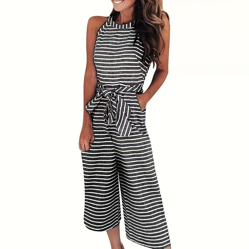 Casual Striped Jumpsuits Summer Cap Sleeve Wide Leg Jumper