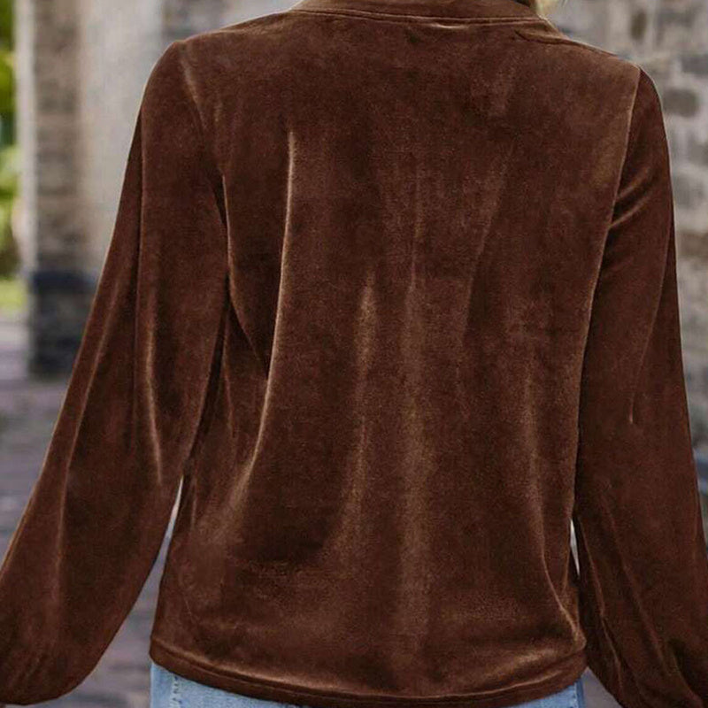 Women's Solid Color V-Neck Button Detail Long Sleeve Pullover