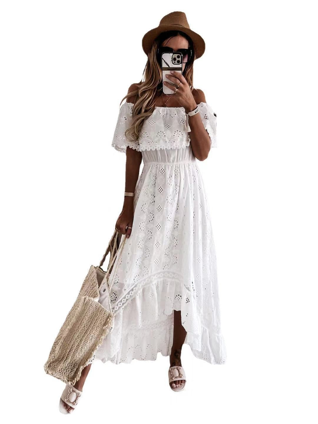 Bohemian Lace Princess Long Dress with gouhua hollow-out detailing and flowing princess skirt, ideal for spring and summer.