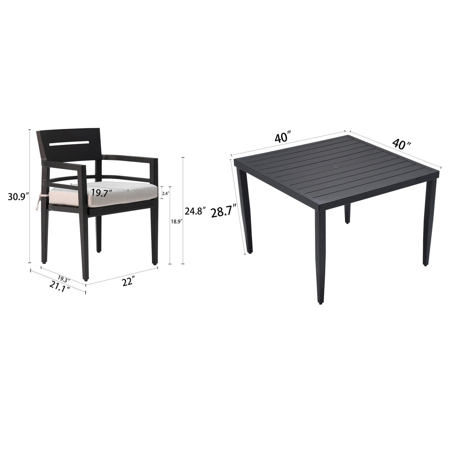 5-Piece Outdoor Patio Aluminum Furniture, Modern Dining Set, including 4 Swivel Rockers Sunbrella Fabric Cushioned and 40' Square Dining Table with Umbrella Hole, Ember Black