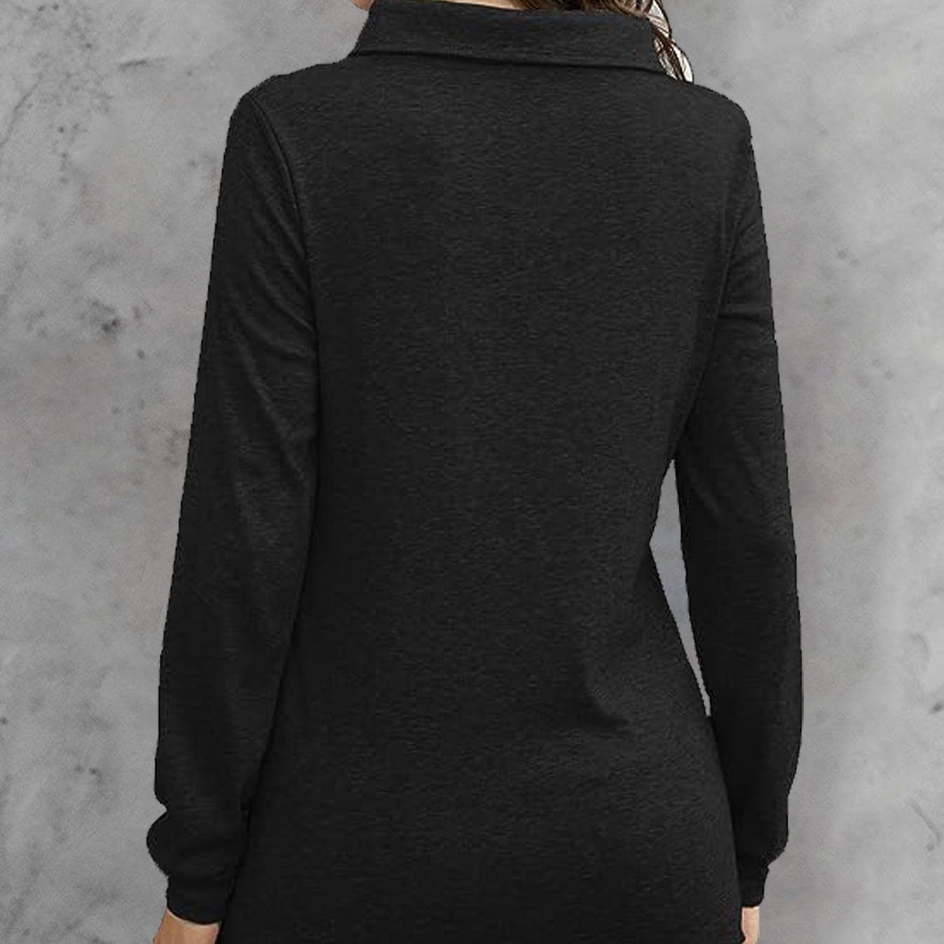 Back view of Women's Fashionable Long Sleeved Hood Collar Button Waist Top T-shirt in black