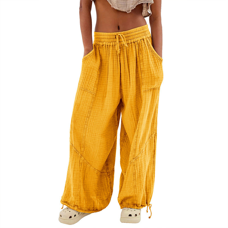 Women’s Solid Color Wide Leg Pants – Elastic Drawstring Waist and Side Pockets