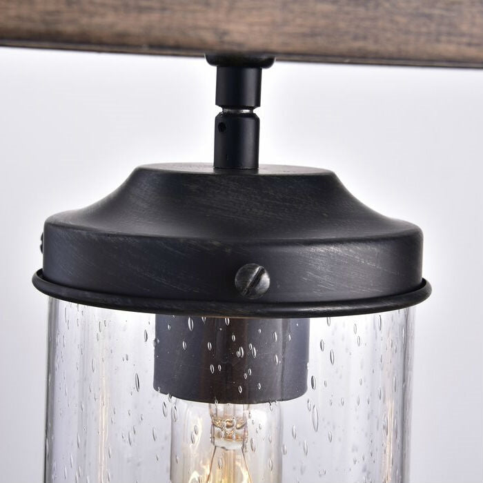4 Light Adjustable Dimmable Rectangle Chandelier with Wrought Iron Accents featuring clear cylindrical glass shade detail