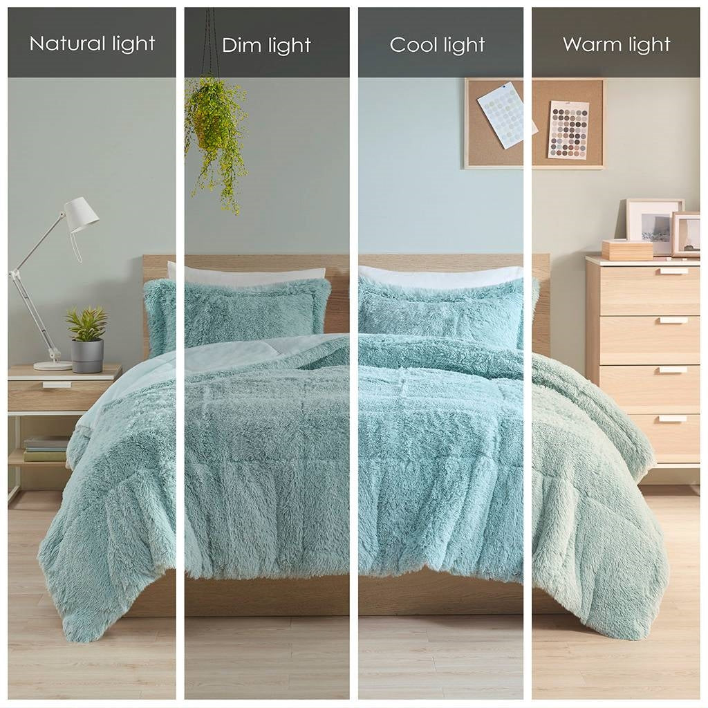 Full/Queen Soft Sherpa Faux Fur 3-Piece Comforter Set in Light Teal Blue displayed in various lighting conditions.