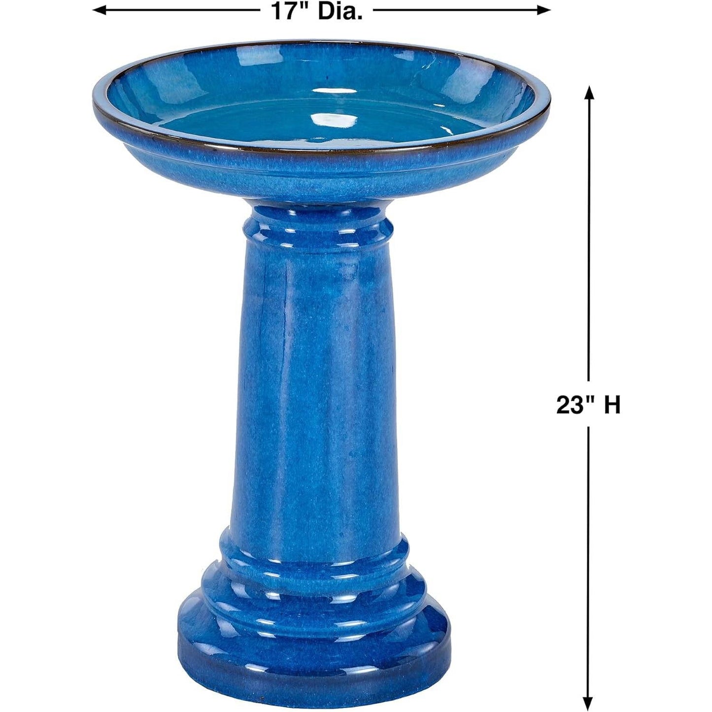 2 Gallon Blue Ceramic Traditional Outdoor Patio Garden Birdbath with detailed dimensions in high quality glaze.