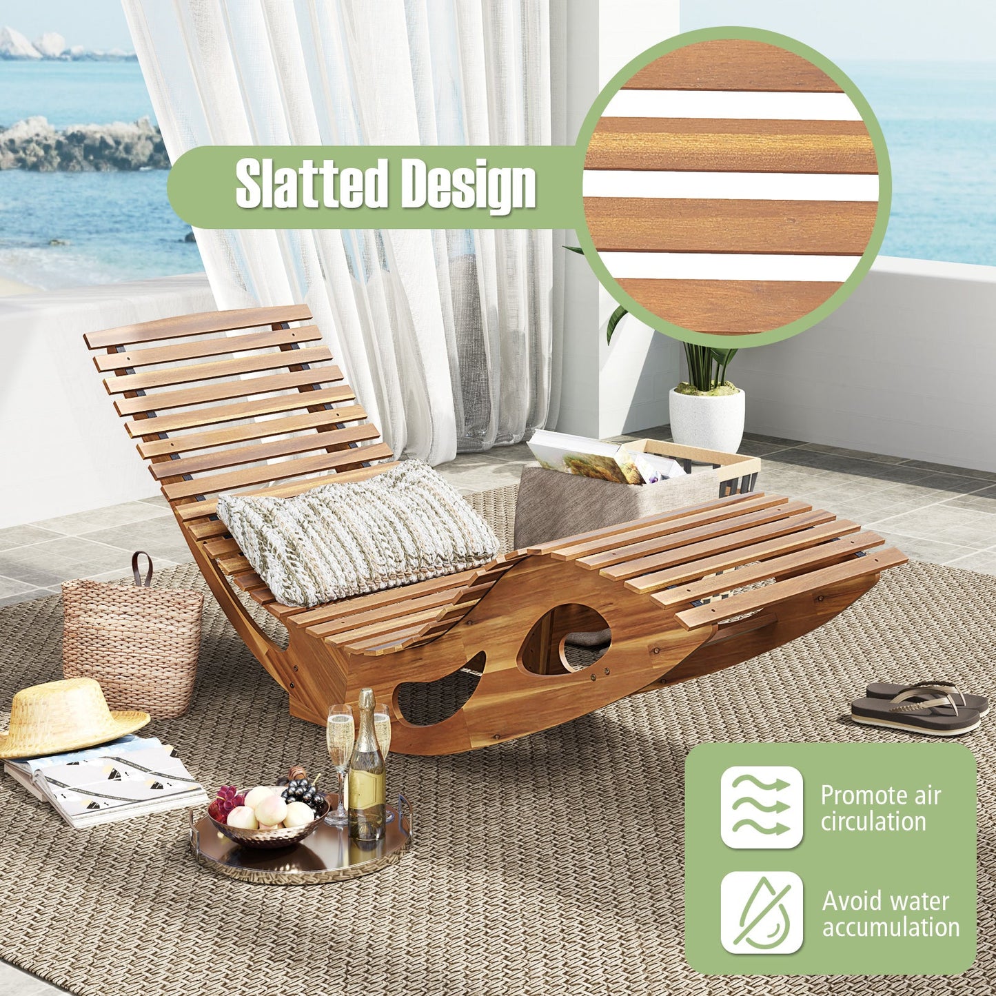 Acacia Wood Patio Rocking Sun Lounger Chaise Lounge with Ergonomic Curved Seat on poolside patio, slatted design for breathability.
