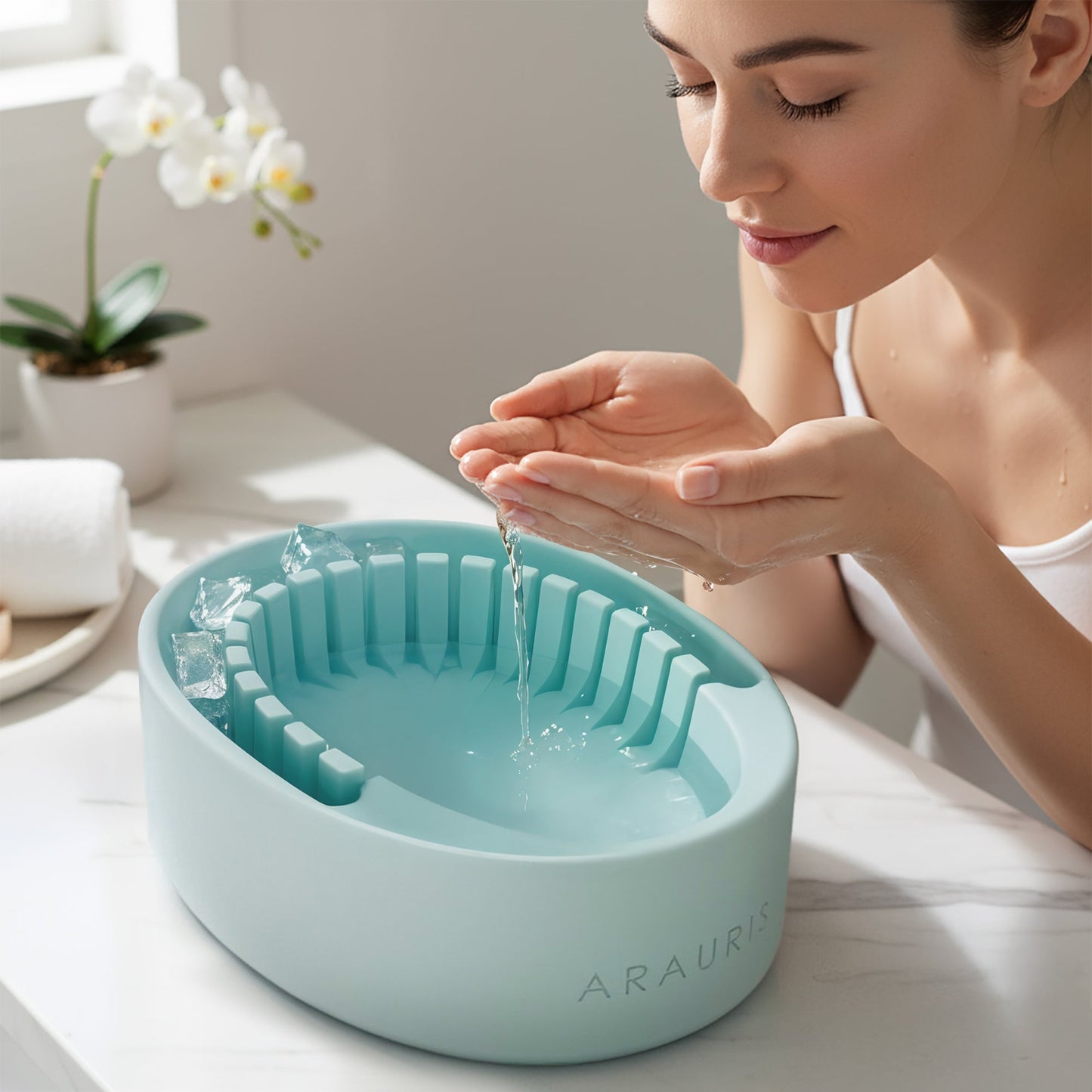 Arauris Pure - Facial Cold Plunge Bowl with Ice Chamber used by woman for cold water therapy