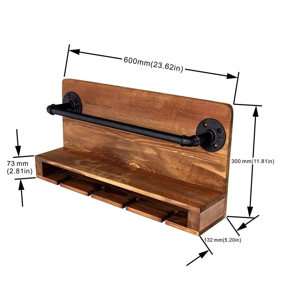 4 Bottle Rustic Farmhouse Wall Mounted Wine Rack with Glass Holder, two-tier shelf design with dimensions shown.