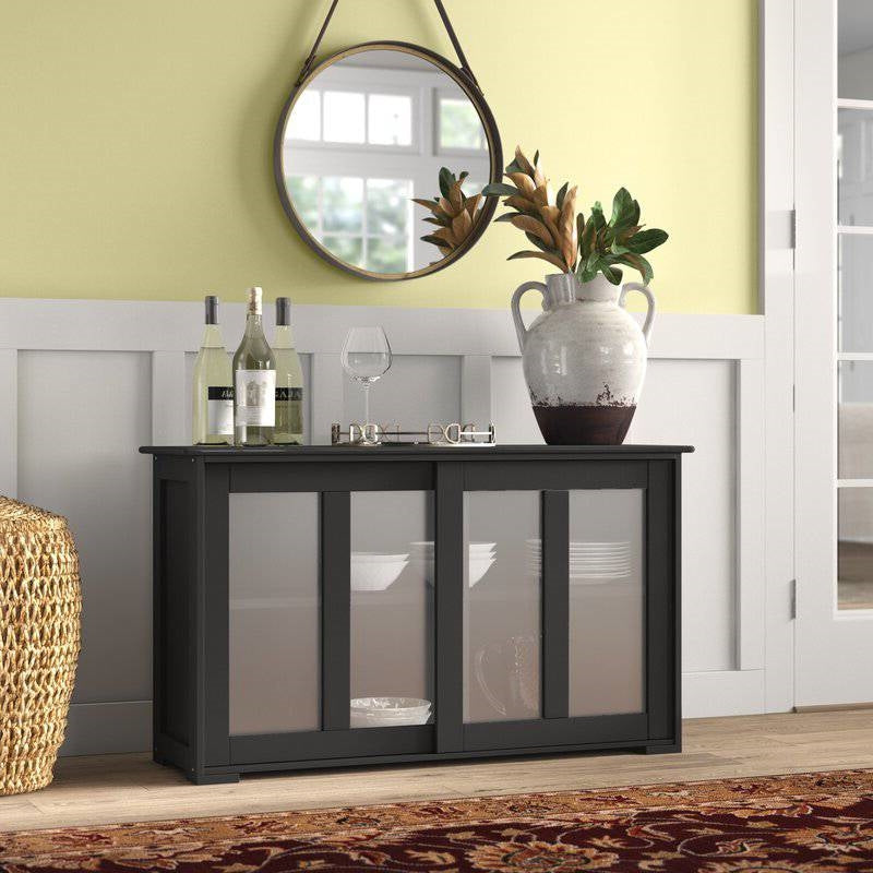 Black Sideboard Buffet Dining Storage Cabinet with 2 Glass Sliding Doors in a modern kitchen setup