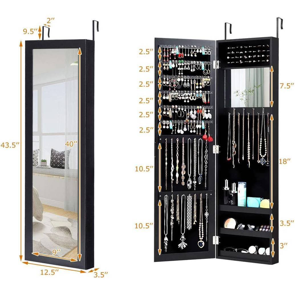 2-in-1 Black Wall or Door Mounted Jewelry Organizer Full Length Mirror with adjustable height and earring storage shelves.