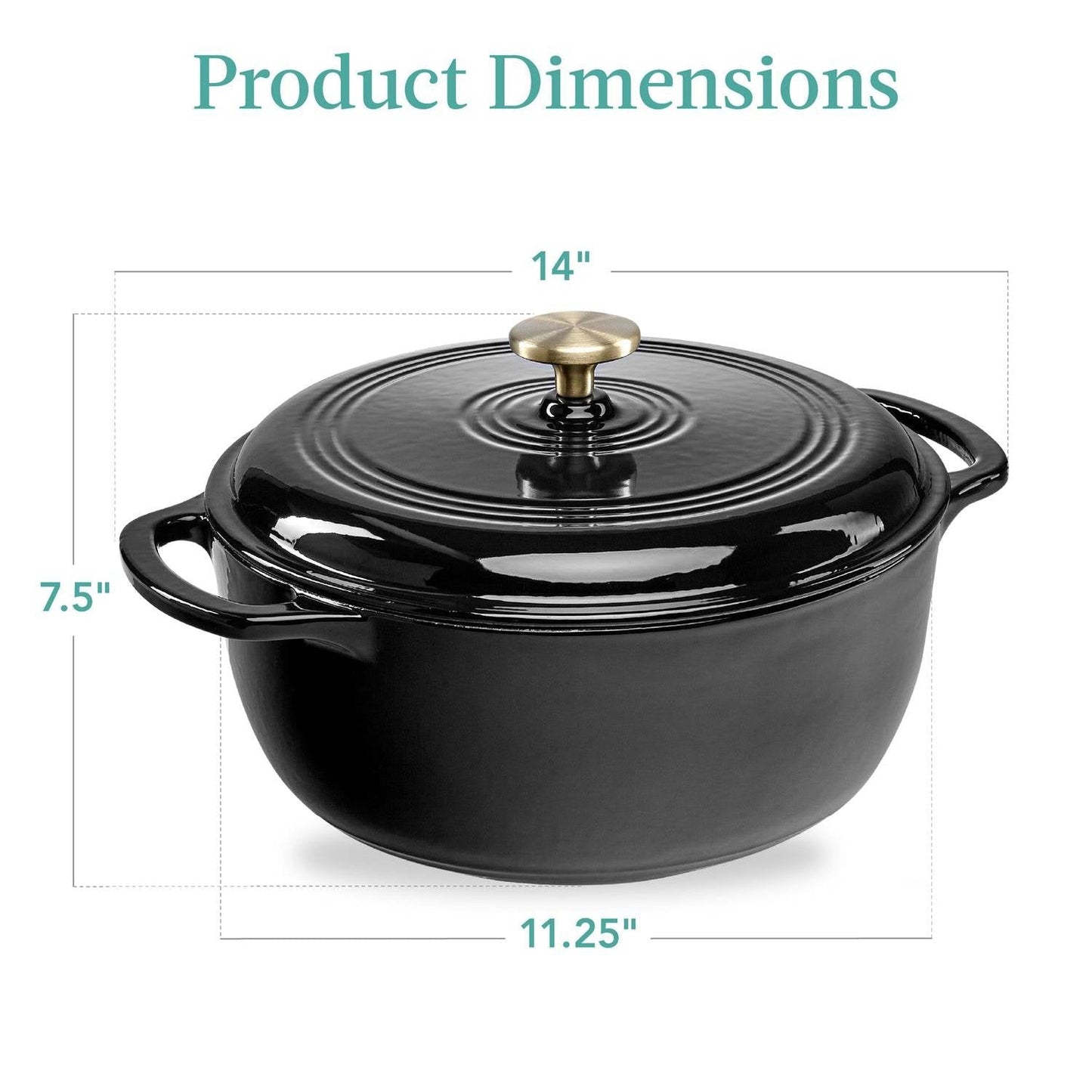 6 Quart Large Black Enamel Cast-Iron Dutch Oven Kitchen Cookware with lid, 14 inches wide, dimensions labeled