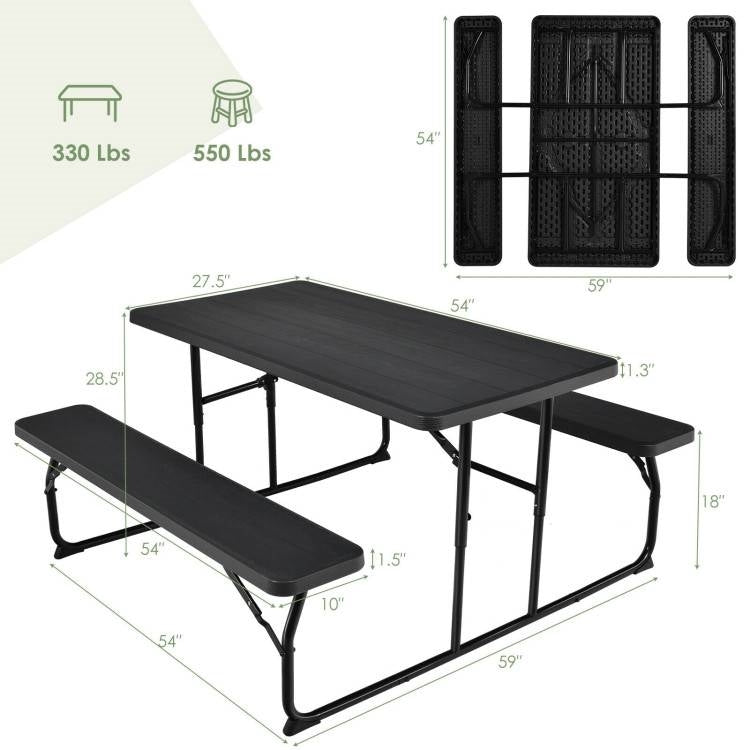 Folding Picnic Table with 2 Benches Outdoor Patio Dining Set in Black detailing dimensions and weight capacity