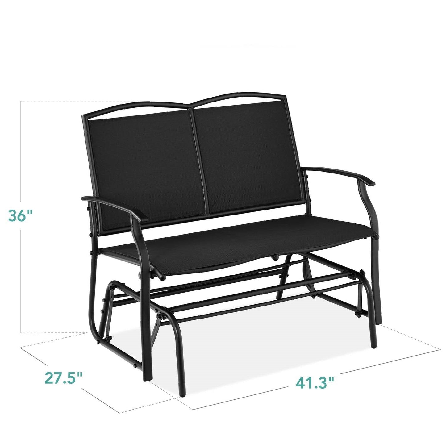 2 Seat Mesh Patio Loveseat Swing Glider Rocker with Armrests in Black, ergonomic and sturdy outdoor furniture for relaxation.