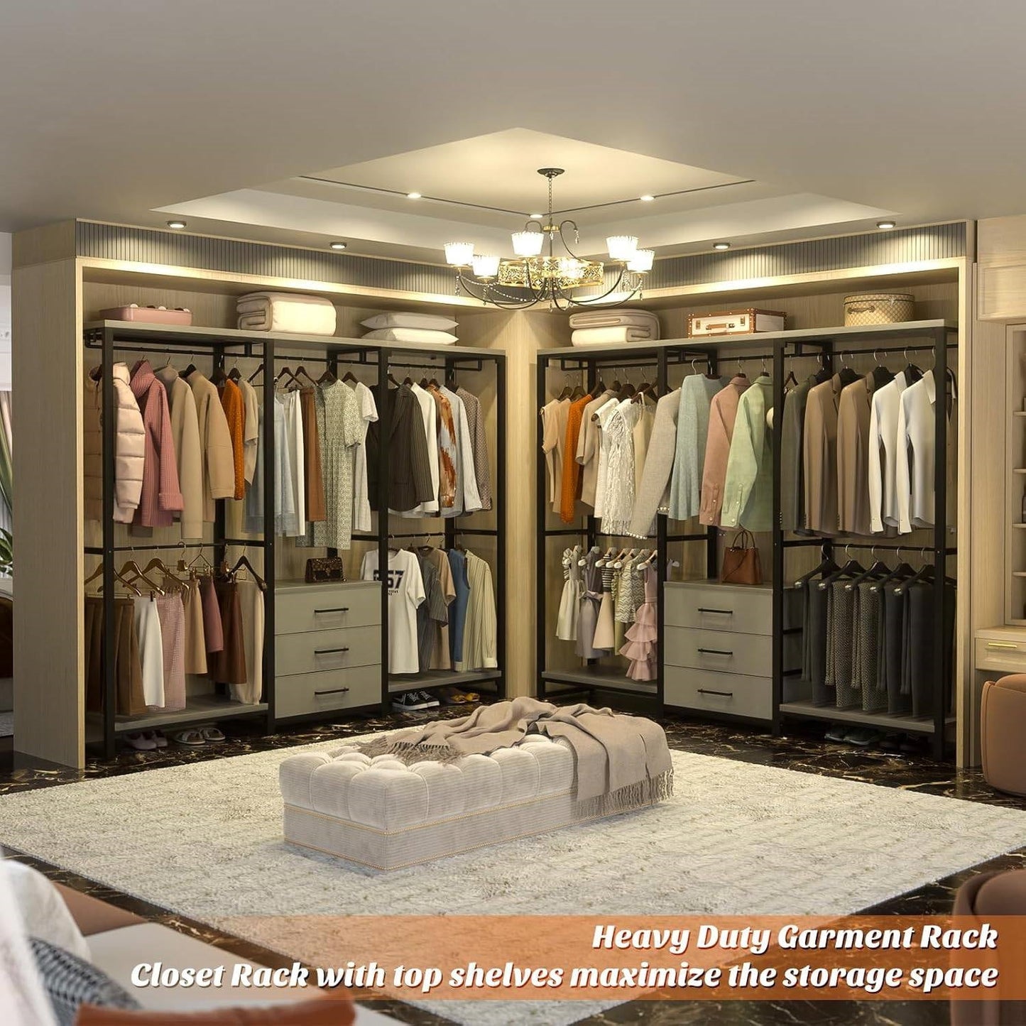 Heavy Duty Black Grey Freestanding Garment Rack Closet Wardrobe with 3 Drawers in a stylish bedroom setting