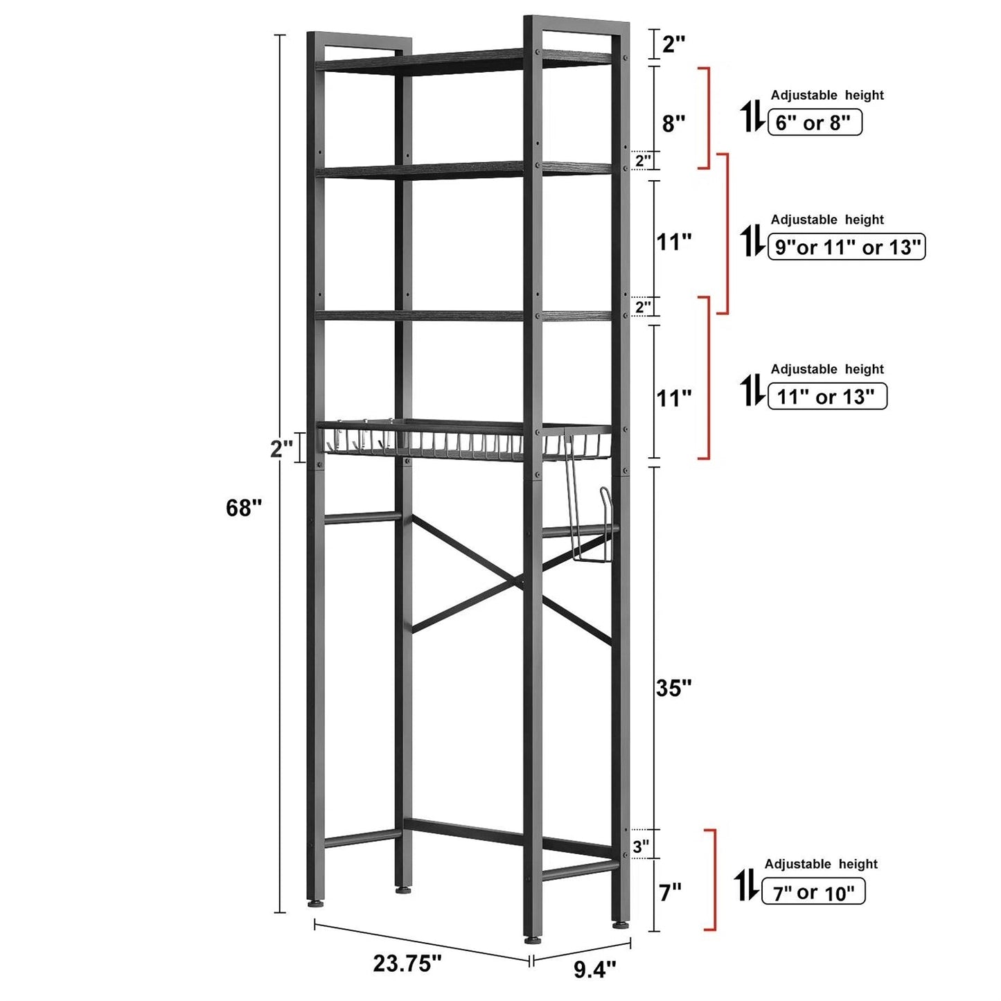 Dimensions of Black Over the Toilet Storage Freestanding Industrial Metal Wood Shelving Unit with adjustable heights