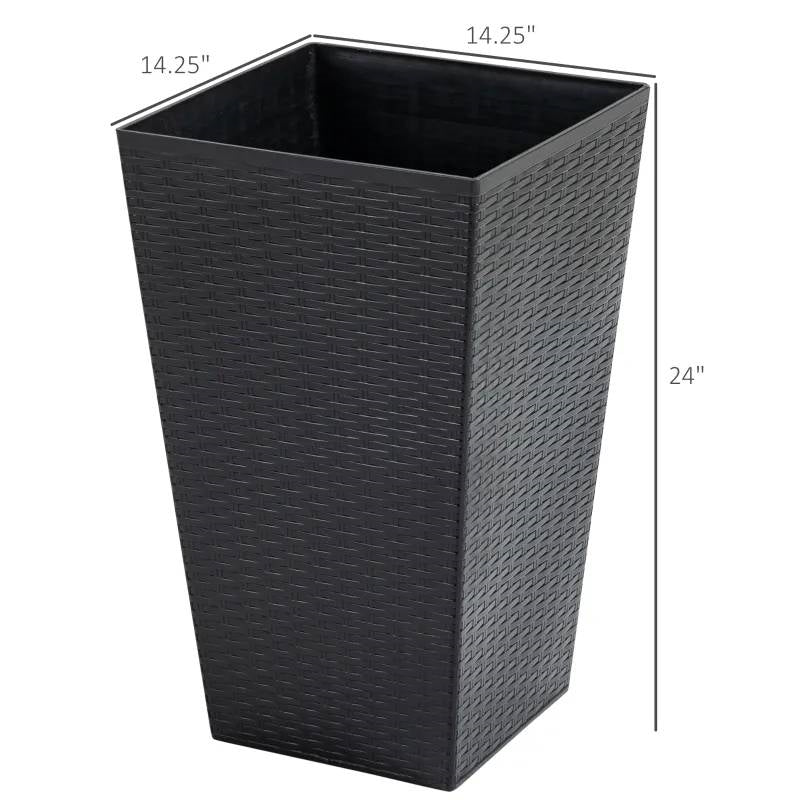 Set of 3 - Black Faux Rattan Plastic Tall Large Flower Pots with dimensions 14.25" x 14.25" x 24"