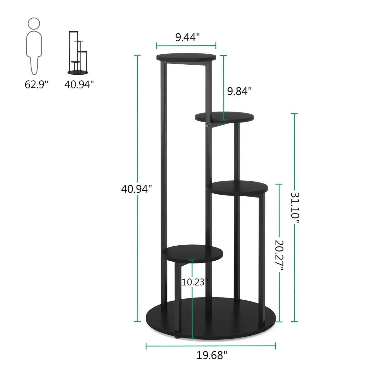 Dimensions and design of 5-Tier Indoor Plant Stand with Black Metal Frame and Brown Wood Finish Shelves.