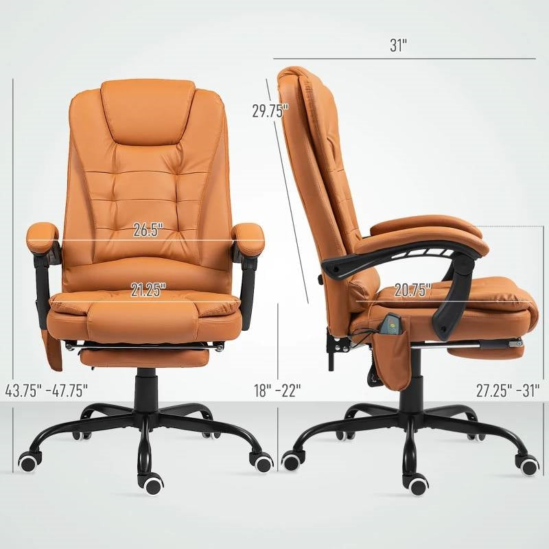 Brown 7 Mode Vibrating High Back Executive Massage Adjustable Office Chair, ergonomic features, and measurements