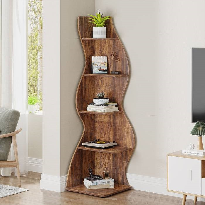 Modern Wave Shape 5 Shelf Corner Bookcase in Brown Wood Finish next to window and TV in living room