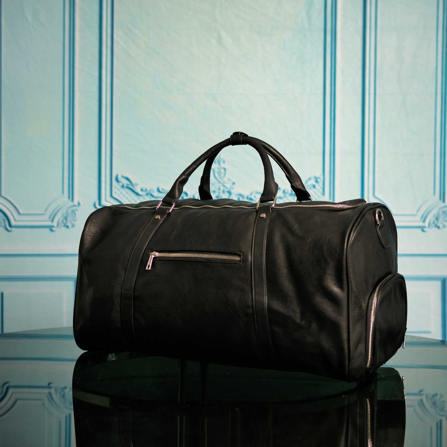 Black Leather Roller Bag Set