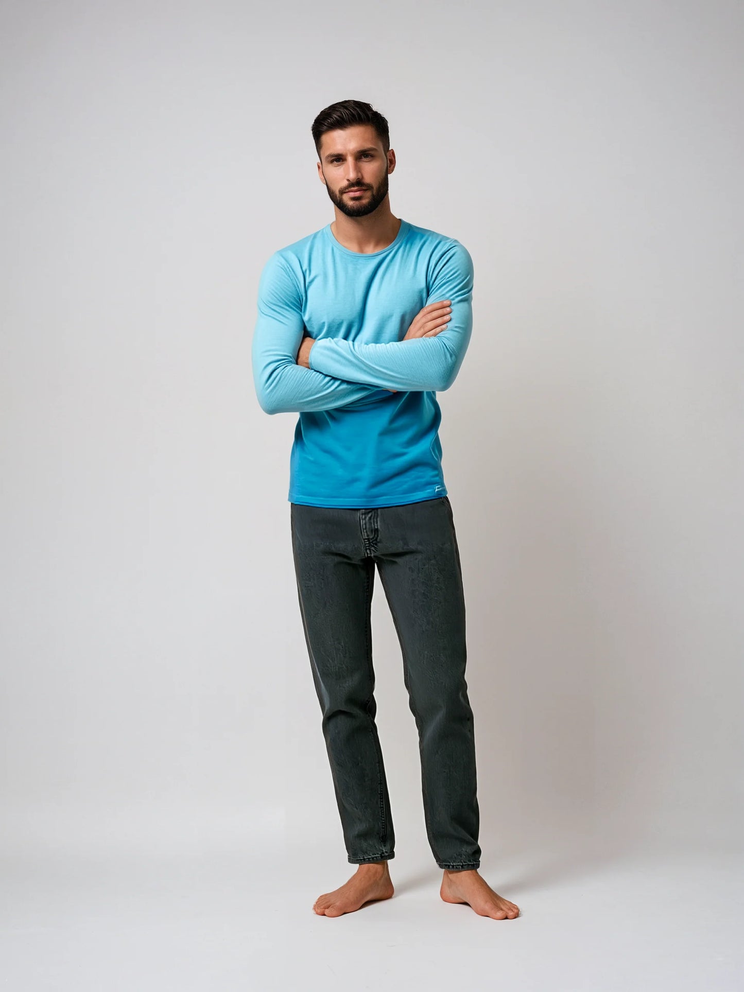 Person wearing a blue Long Sleeve Sweater with ombré design, showcasing casual stylish fit, ideal for both formal and relaxed occasions.