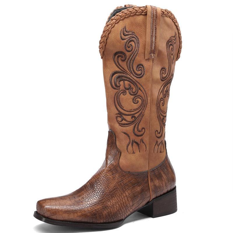 Rustic Western Braided Boots – Retro Cowboy Style with Snakeskin Detailing featuring braided top and intricate stitching.