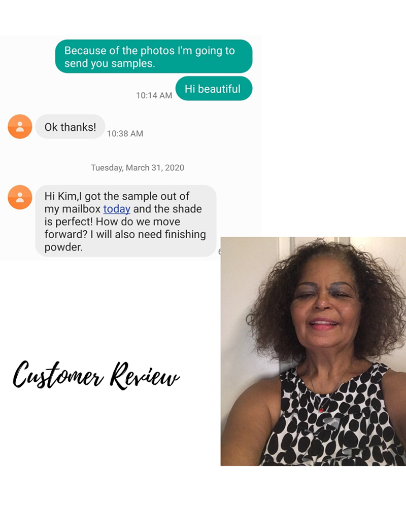 Customer review of Custom Blend Foundation with positive feedback and a smiling woman in the image.
