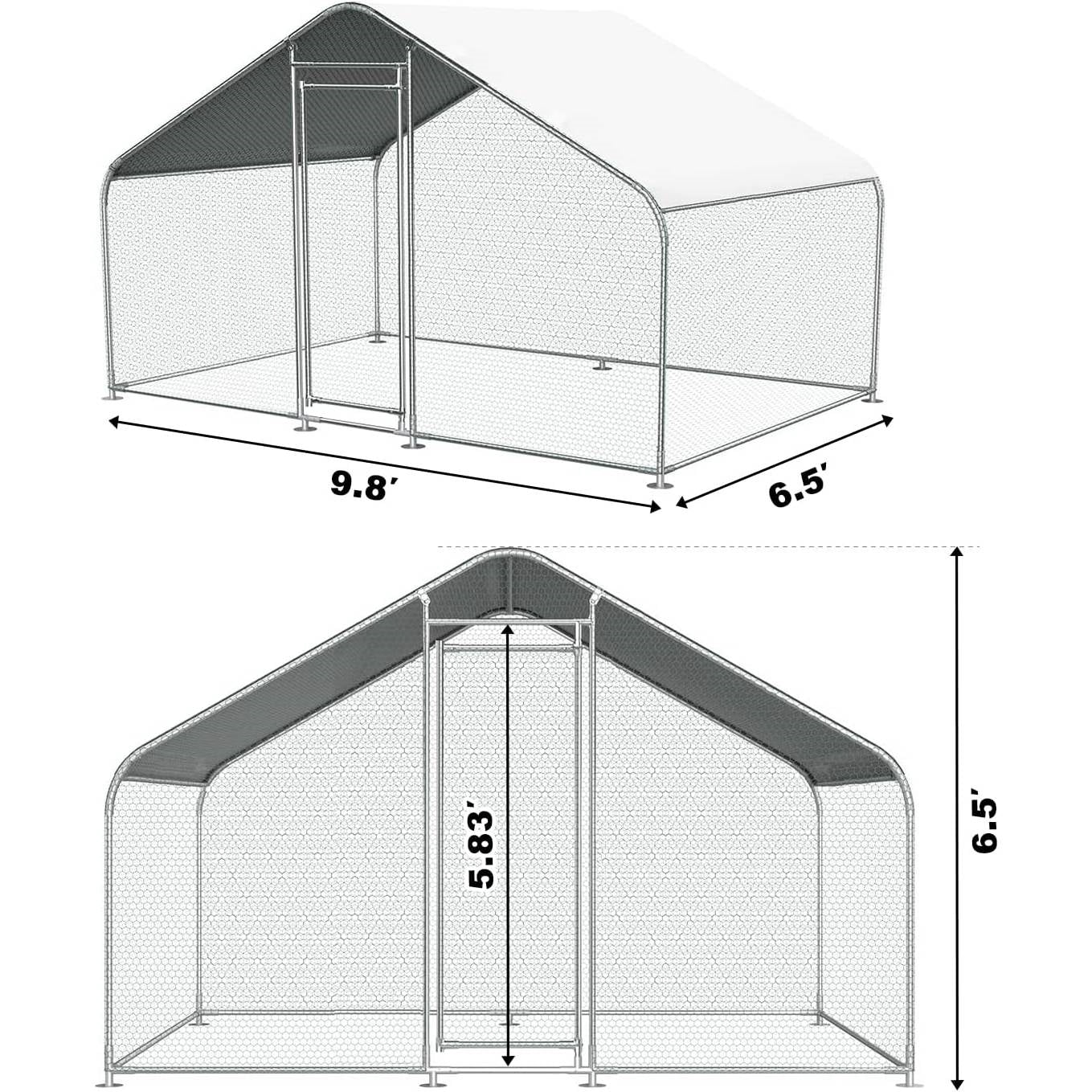 9.8 Ft x 6.5 Ft. Large Metal Outdoor Walk-in Chicken Coop with Waterproof Cover, steel frame and lockable door.