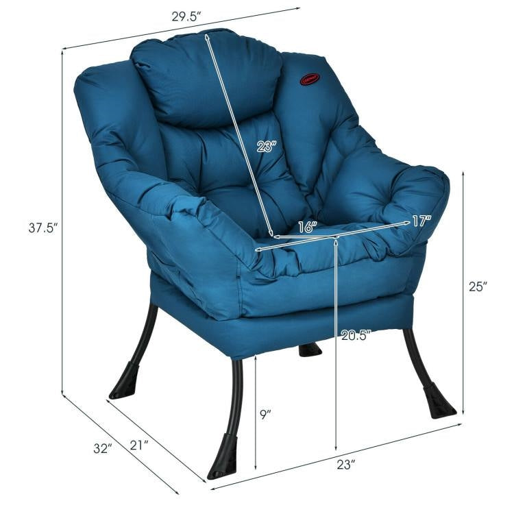 Modern Cushioned Accent Chair with Side Pocket in Navy Blue Upholstered Fabric with dimensions shown.