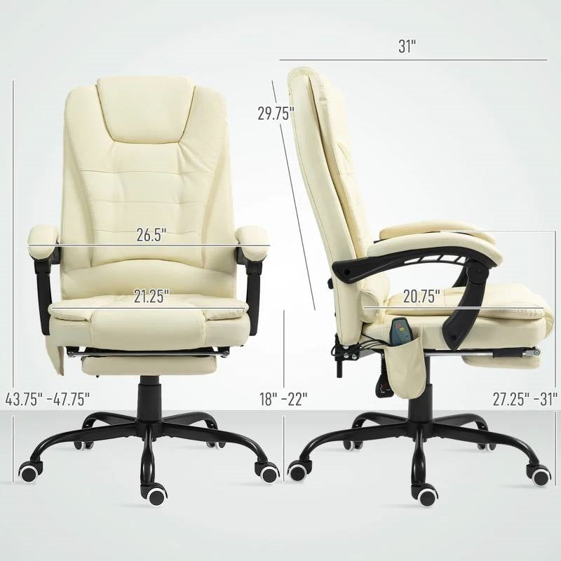 Cream 7 Mode Vibrating High Back Executive Massage Adjustable Office Chair front and side view with dimensions.