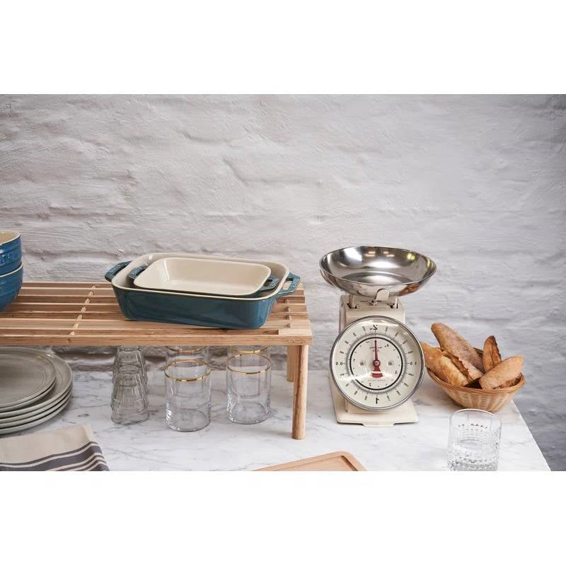 Set of 2 - Ceramic Stoneware Baking Dish Set in Blue Green Turquoise Ivory displayed on kitchen counter.