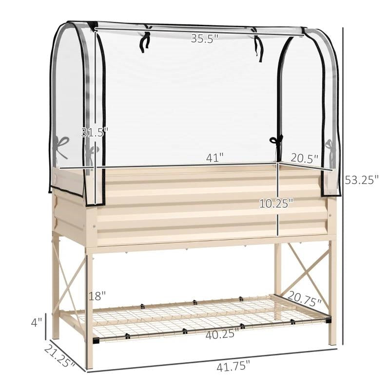 Cream Elevated Metal Raised Garden Bed w/ Greenhouse Cover, dimensions shown, ideal for growing plants and herbs.