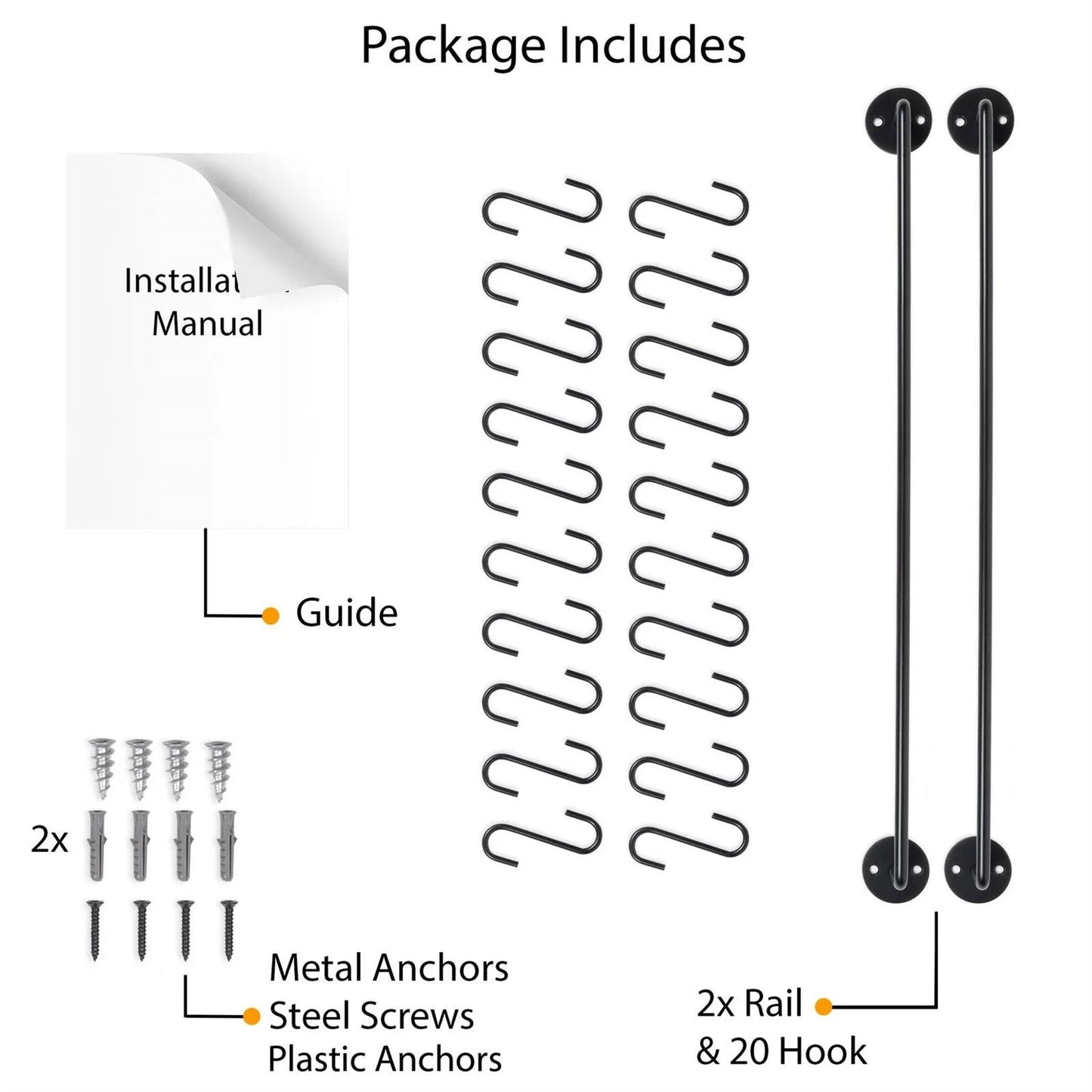 Package contents of Set of 2 - Black Metal Wall Mounted Pot Rack with 20 Hanging Hooks, including rails, hooks, screws, and manual.