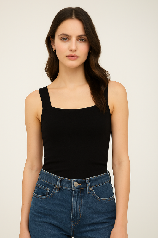 Woman wearing Sculpt Knit Tank Top by Luxe Basics with wide straps and square-cut back, paired with jeans for a chic look.