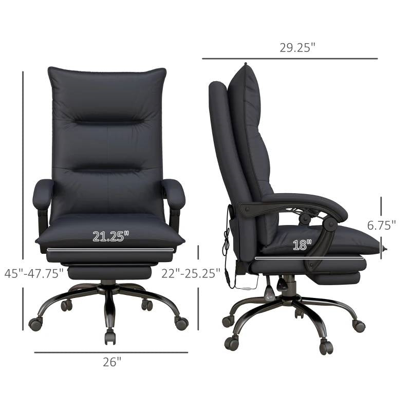 Double Padded Executive Massage Heated Office Chair Charcoal with dimensions shown for front and side view