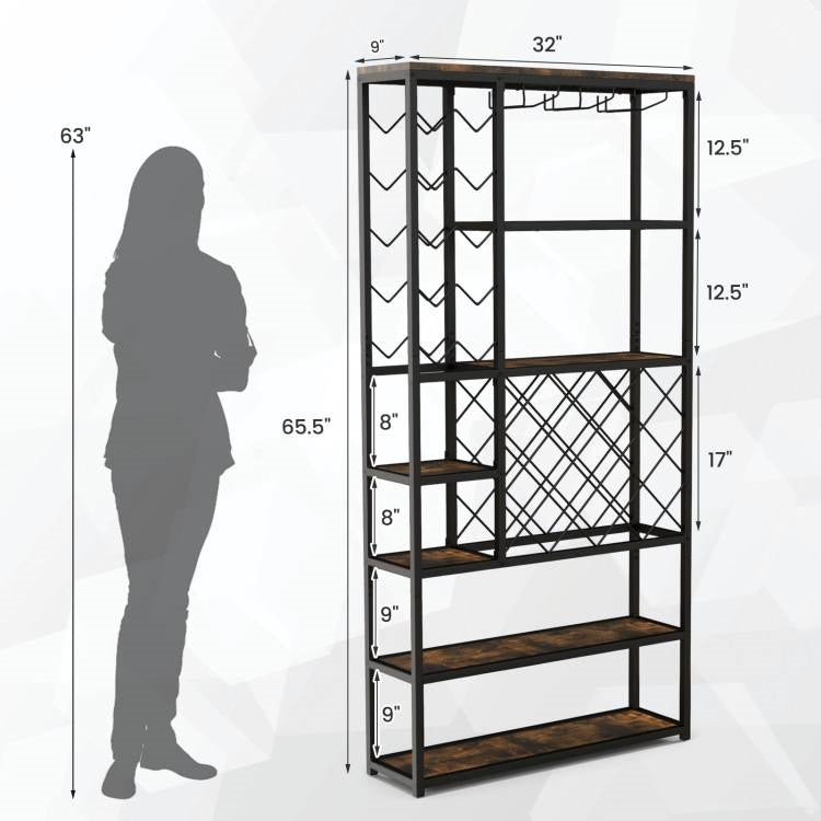 Heavy Duty Industrial Metal Wood 6 Tier Wine Rack Kitchen Storage Shelving Unit with glass holders and open shelves