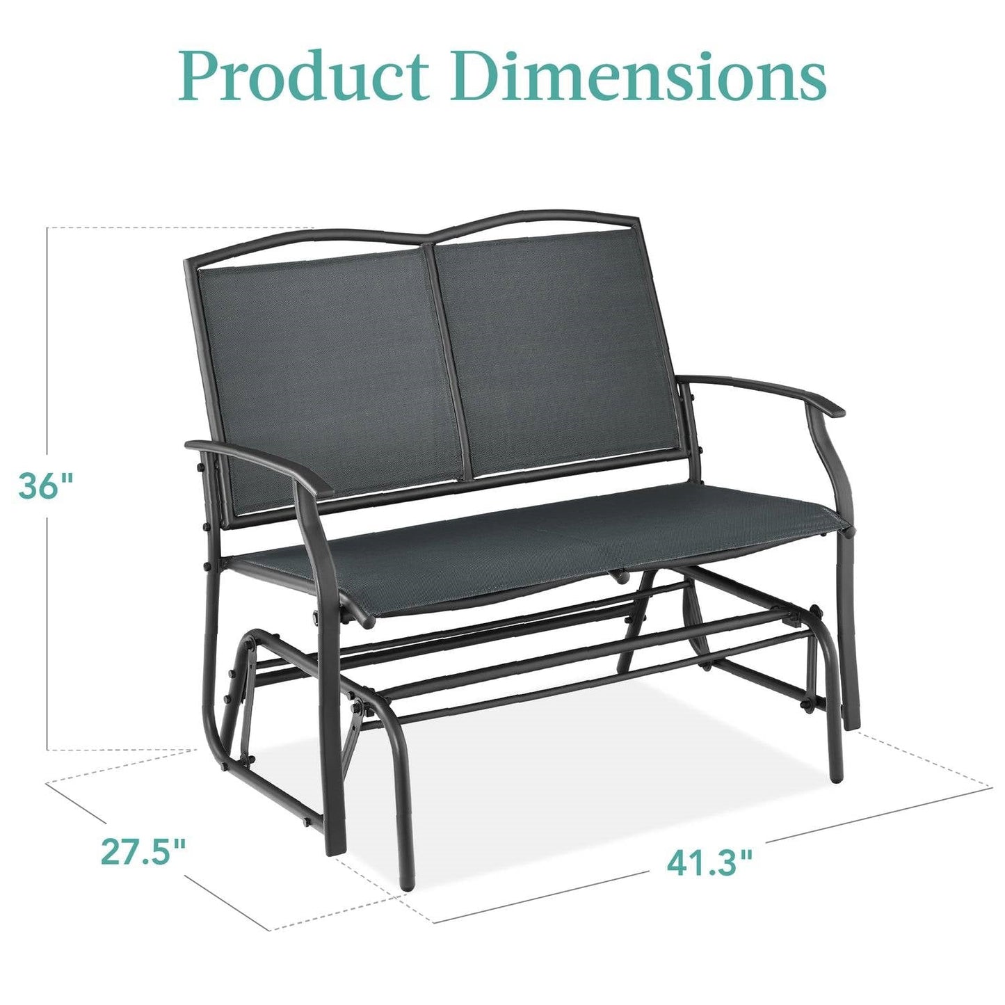 Dimensions of 2 Seat Mesh Patio Loveseat Swing Glider Rocker with Armrests in Charcoal showing 36-inch height and 41.3-inch width.