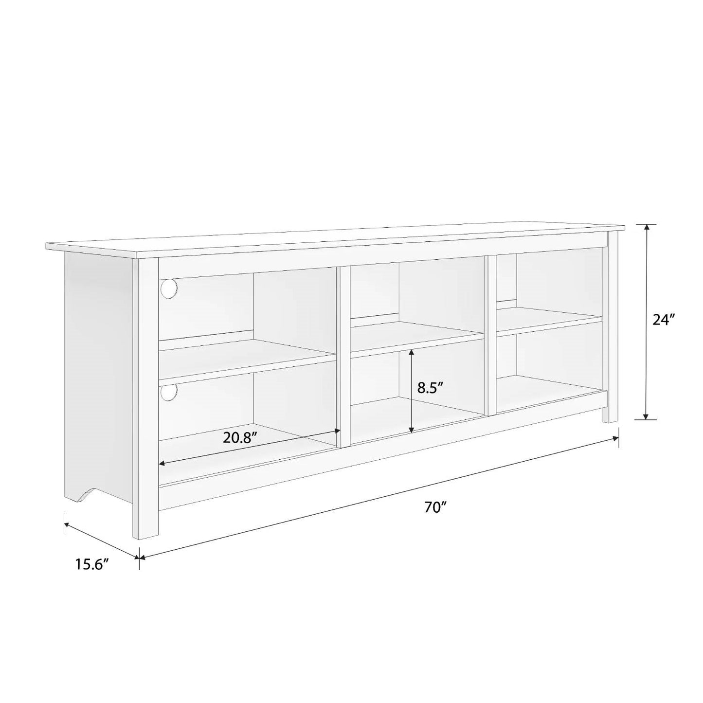 Dimensions diagram of 70-inch Dark Brown Wood TV Stand Entertainment Center for TV up to 78-inch with storage shelves.