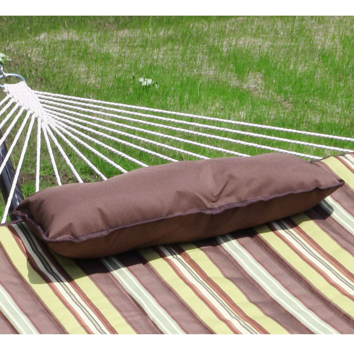 Rope Hammock Set with Stand Pad and Pillow 55 x 144-inch - Desert Stripe in a garden setting